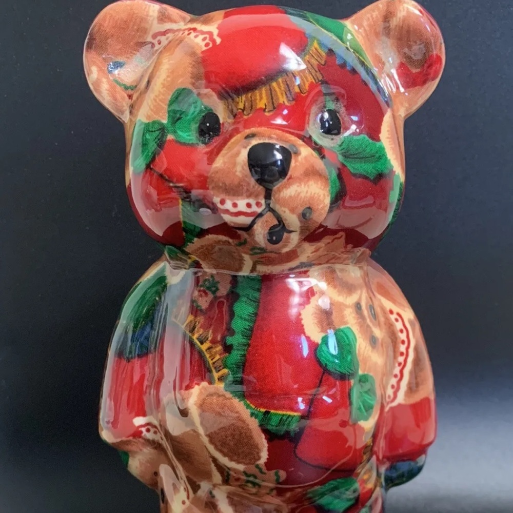 Vintage Joan Baker Teddy Bear Porcelain Patchwork Christmas Figurine